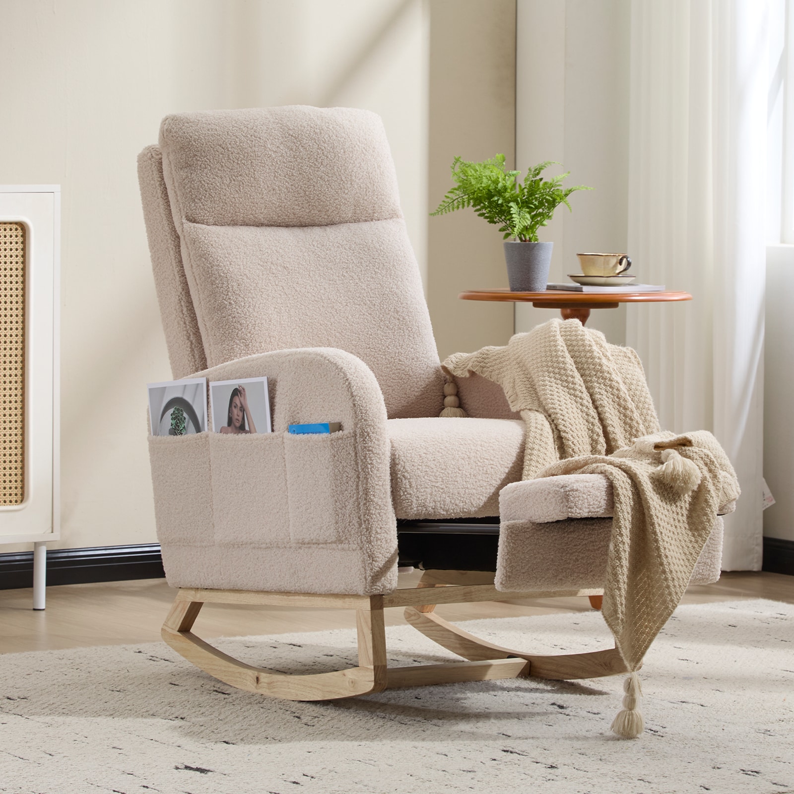 Modern Accent Rocking Chair Rocking Chair With Solid Wood Legs, Upholstered Nursery Glider Rocker, Comfy Armchair With Side Pocket, Living Room Lounge Arm Chair With High Backrest (Beige,teddy)_voghion.com